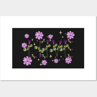 Love pink  roses on stems with gems and purple flowers black bg Posters and Art